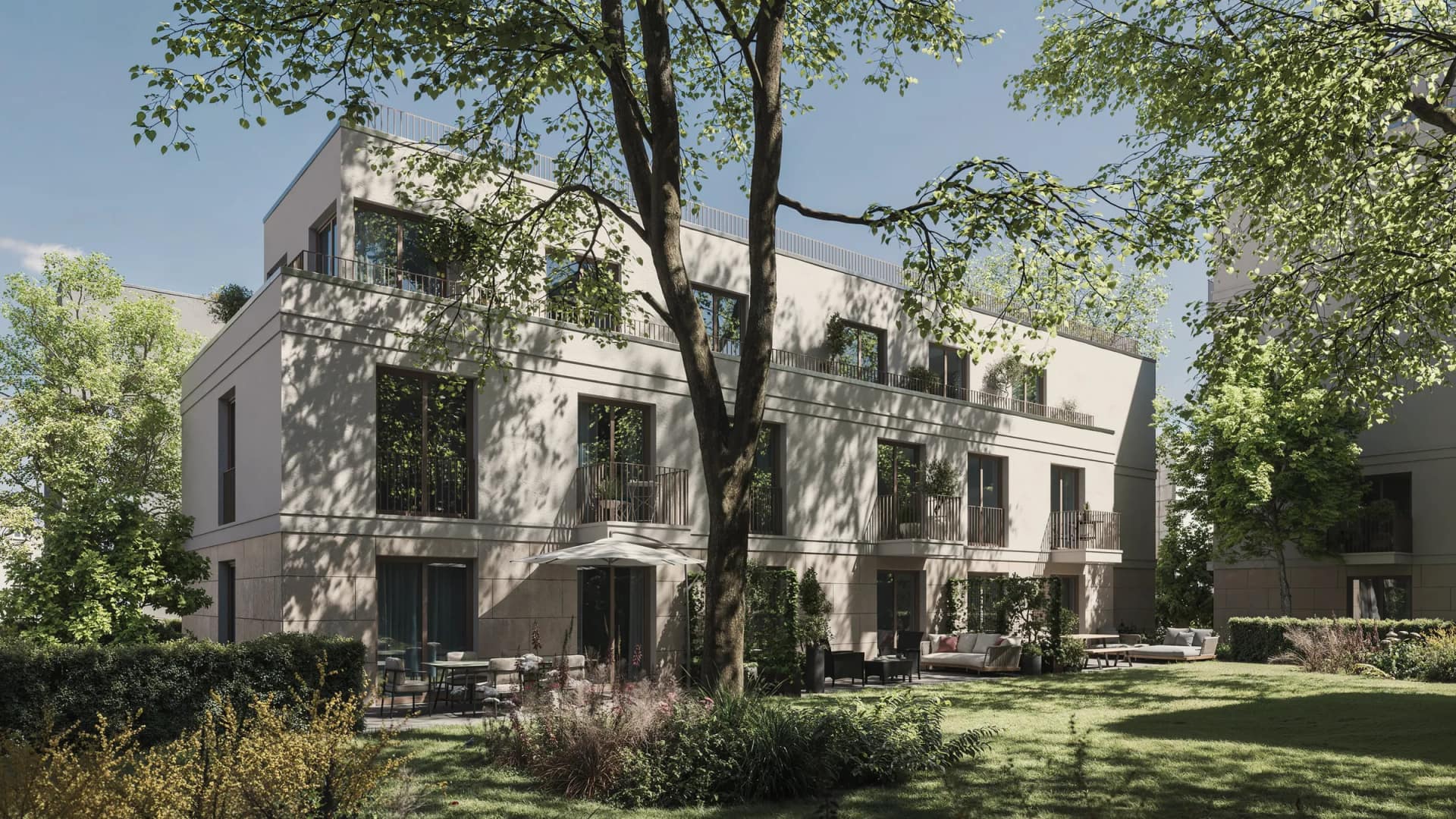 Visualisierung: Gartenseite von Lützow Gardens mit begrüntem Innenhof, Terrassen und altem Baumbestand